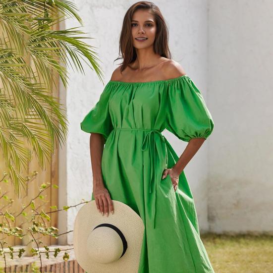 Женское платье с открытыми плечами, короткими рукавами и эластичными манжетами, плиссированное, свободное, однотонное, с боковыми карманами, пляжное платье миди для отдыха