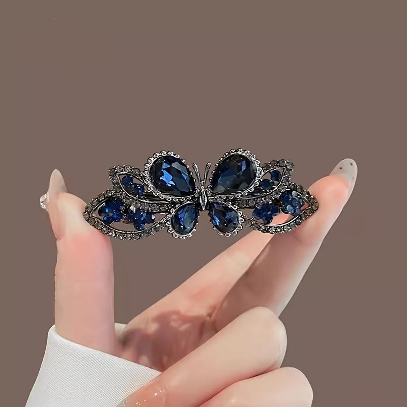 1Pcs Alloy Butterfly Spring Hair Clip, Exquisite Glass Crystal Elegant Horizontal Top Clip for Half Up Hairstyle