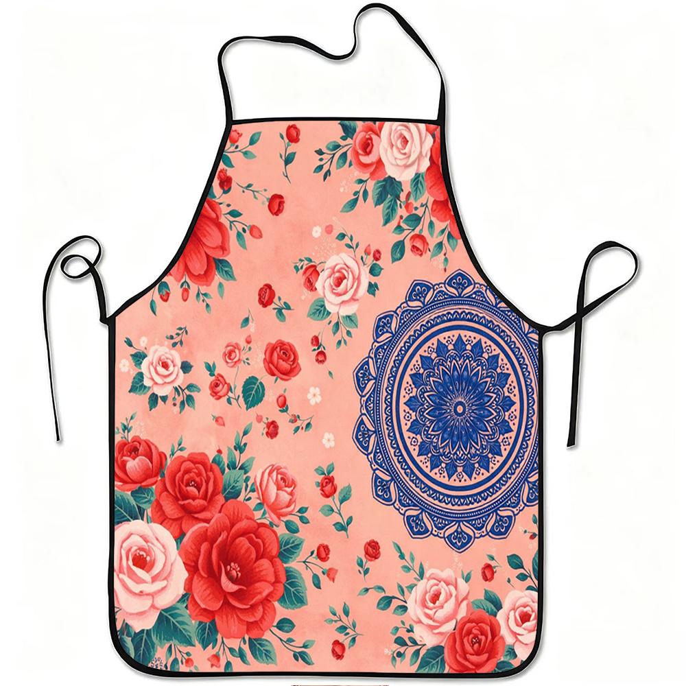1pc Red and Pink Rose Mandala Floral Print Apron, Durable and Easy to Clean, Adjustable Waistband, Polyester Material, for Kitchen Cooking, Gardening,