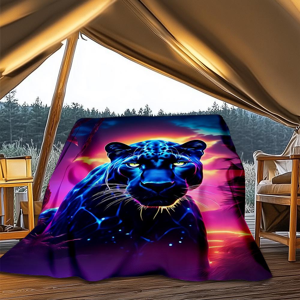 1pc Neon Panther Print Throw Blanket Polyester Fiber, Lightweight Flannel, Soft & Warm, All Season Use for Outdoor, Camping Digital Print