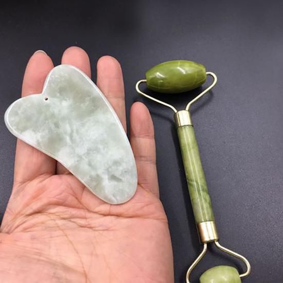 2 шт., роликовый массажер для лица с двойной головкой из искусственного нефрита, массажер для похудения, скребковая пластина, косметический инструмент