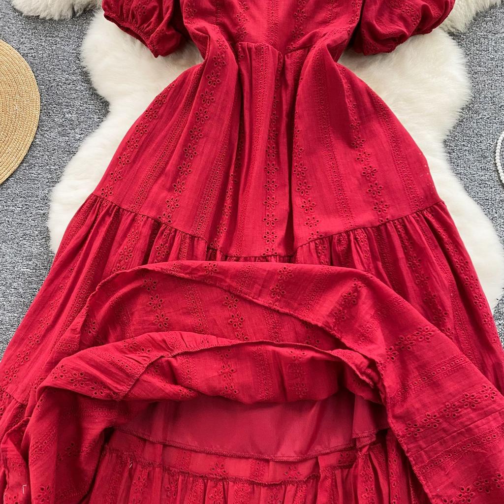 Summer Bohemian White Dress for Women Clothing Hollowed Out Square Neck Reduced Age Puff Sleeves Slim Embroidered Long Dress