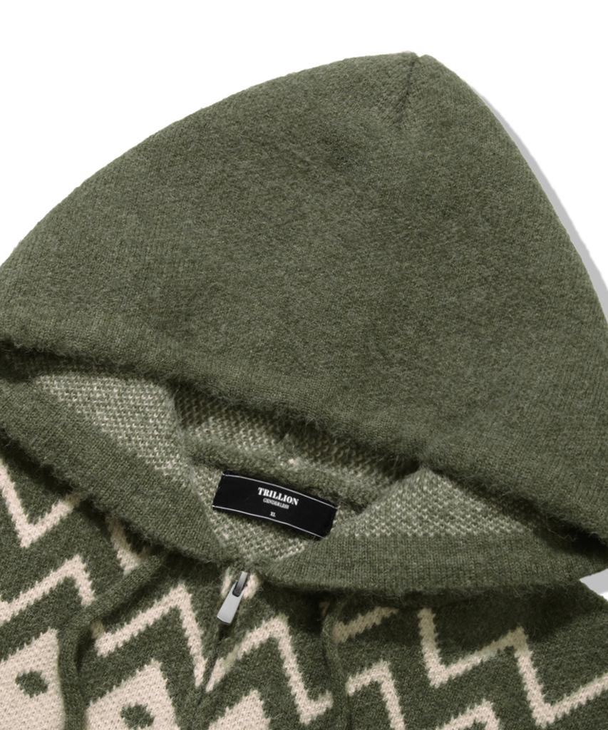 TRILLION Washable Wool Star Nordic Hooded Zip-Up Knit_Khaki