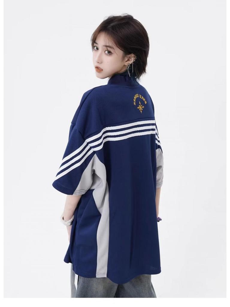 Футболка свободного кроя из джерси с V-образным вырезом и вышивкой в стиле ретро унисекс, короткий рукав, повседневный тренд