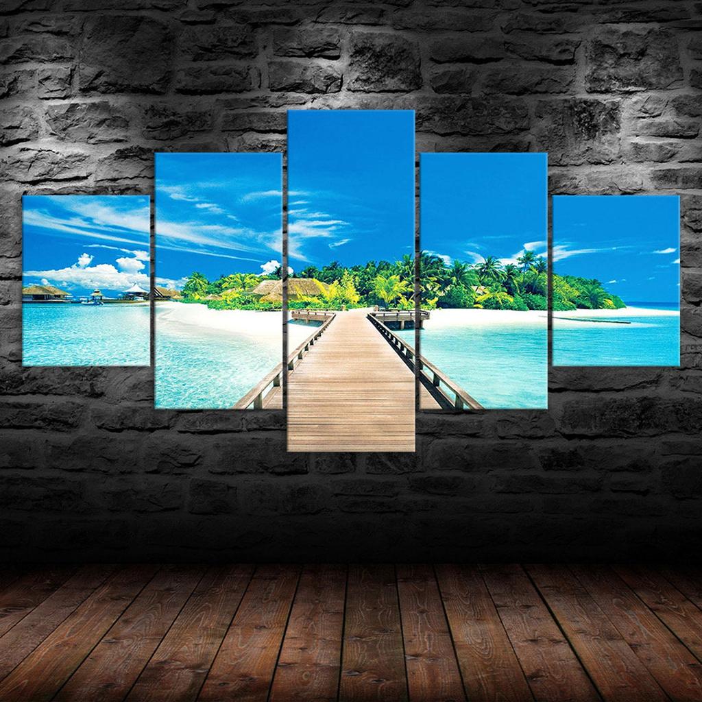 Wooden Bridge Tropical Beach Summer Island Nature 5 Piece Five Panel Wall Canvas Print Modern Art Poster Picture Home Decor Gift For Him Her
