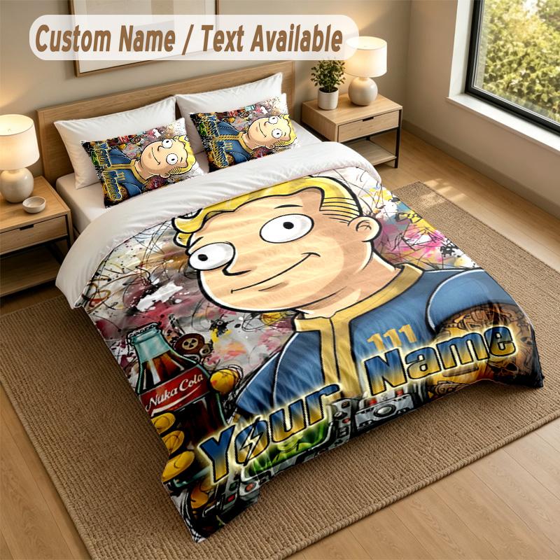3Pcs Bedding Set Custom Name Text, 1 Sheet 2 Pillowcases Home Bed DecorFallout Vault Boy