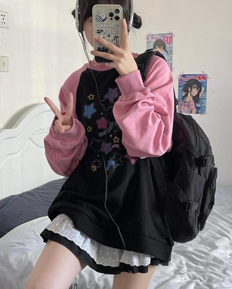 Y2K эстетические толстовки со звездами, женские толстовки Harajuku Kpop, повседневные толстовки большого размера, уличная одежда, свободные пуловеры, топы E-girl