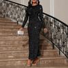 Women's Sequin Bodycon Neck Long Sleeve Maxi Dress Sparkly Crew Mermaid Dress Formal Party