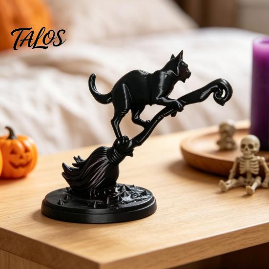 Черная кошка-ведьма на метле Фигурка, 3D-печатная статуэтка метлы, Уникальное Хэллоуинское настольное украшение для многоуровневой подставки, Стола, Стола Статуэтка