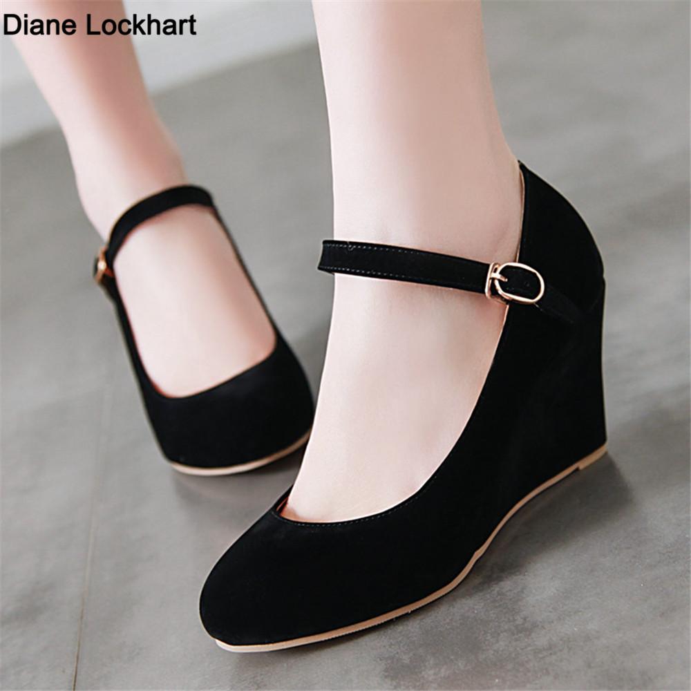 Fashion Classic High Heels Pumps Female Spring Casual Ankle Straps Flock Black Rose Red Wedge Wedding Office Shoes Woman Large Size34-43