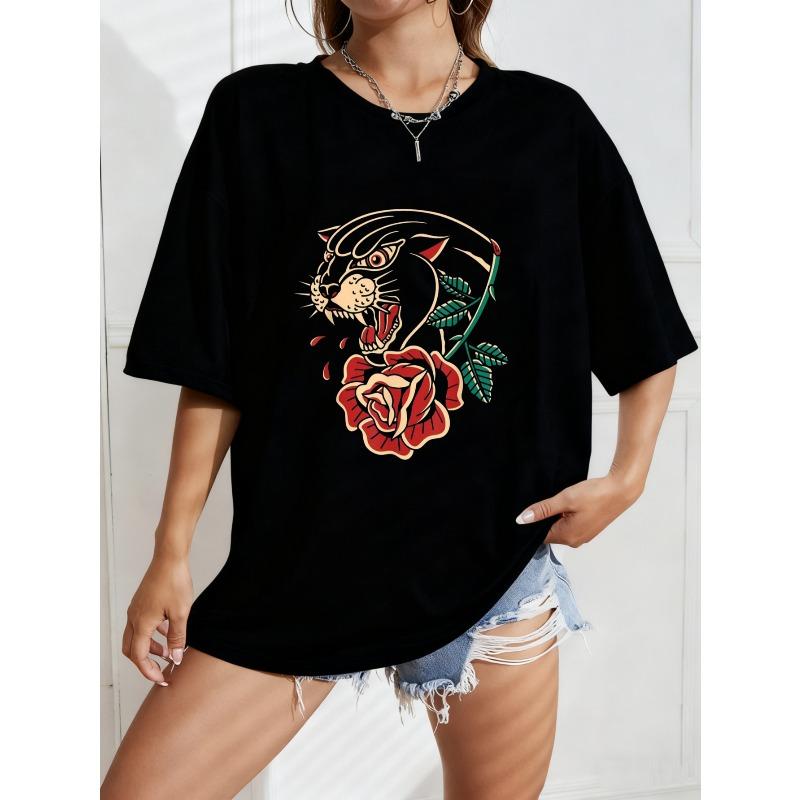 White Oversized T Shirt With Rose And Abstract Design For Casual Wear