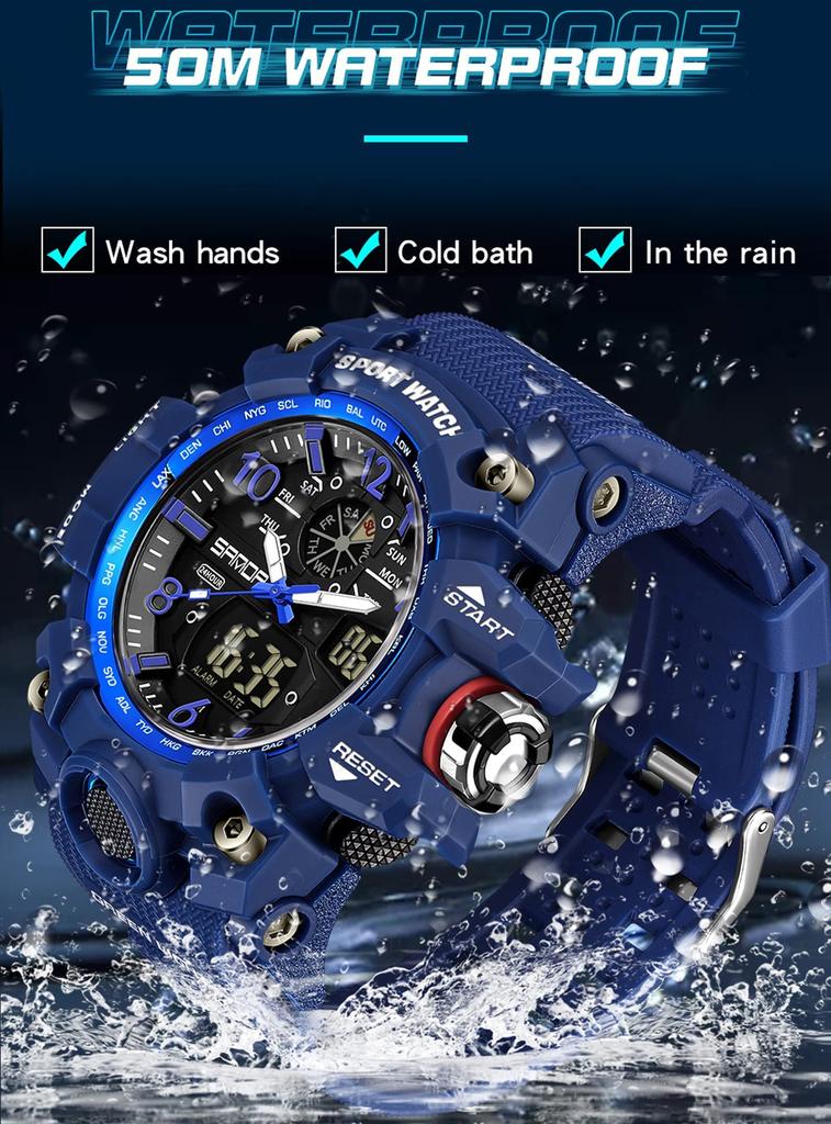 Цифровые часы, спортивный секундомер, водонепроницаемые, модные, в стиле милитари, часы для бега, двойное время, двусторонний дисплей времени, будильник, светящийся 50 м