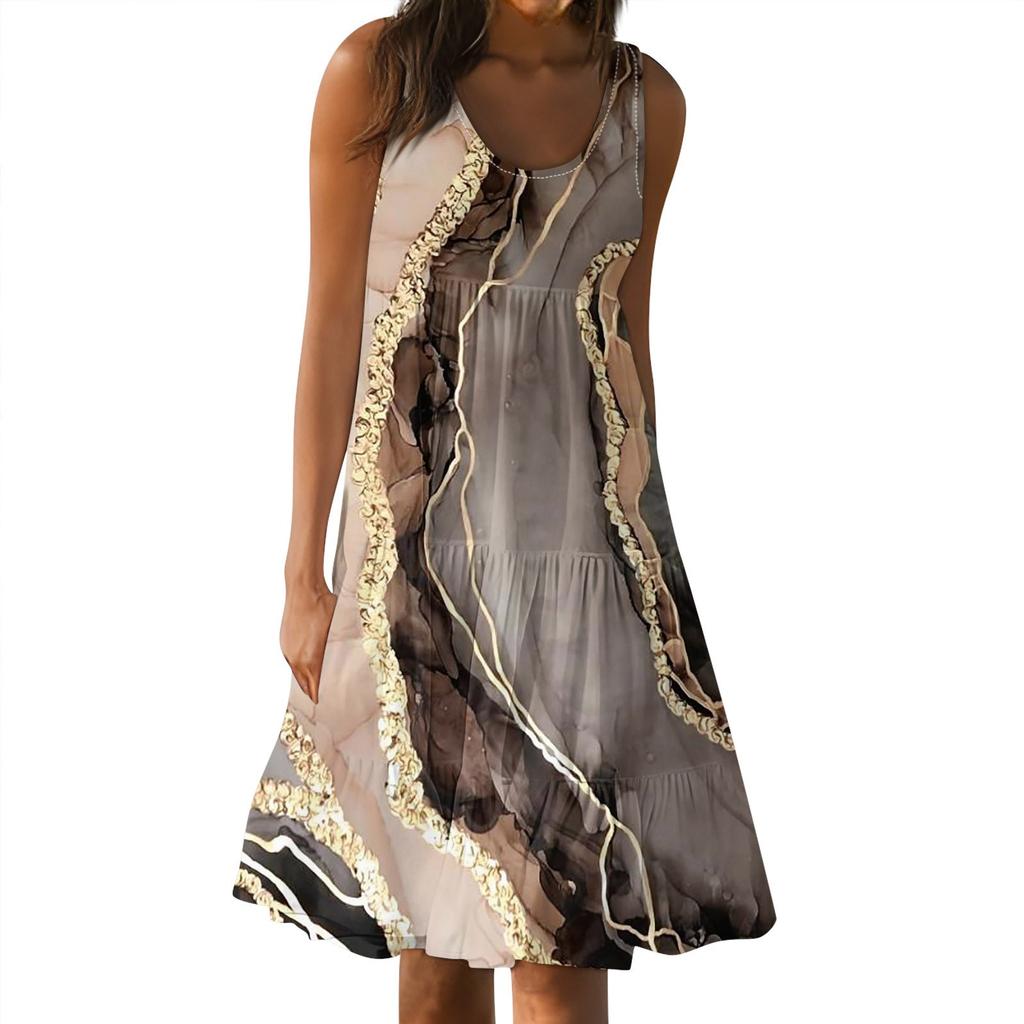 Женские платья-жилеты Лето-весна Плиссированные богемные платья Симпатичные струящиеся пляжные платья без рукавов Прямая футболка Платья-майки Платья с круглым вырезом