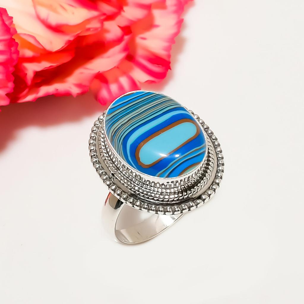 Blue Rainbow Calsilica 925 Sterling Silver Ring V4359, Blue Ring, Oval Ring, Valentin's Day Gift, Gift For Her, Birthday Gift, Handmade Jewelry, Silve
