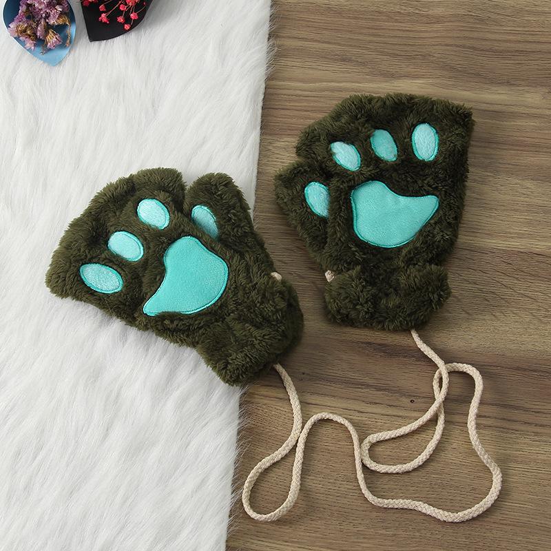 Winter Cute Cartoon Half-Finger Fleece Gloves for Women, Bear & Cat Paw Design.
