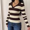 European AW 2026 Retro Knitwear: Women's Striped Lapel Slim Fit Sweater