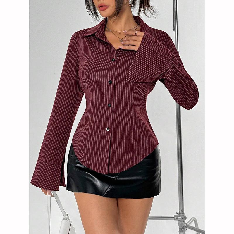 Готическая Панк Гранж Y2K Женская Блузка Приталенная Шикарная Повседневная Рубашка с Лацканами в Полоску с Длинным Рукавом Винтажная Эстетика Горячая Уличная Одежда