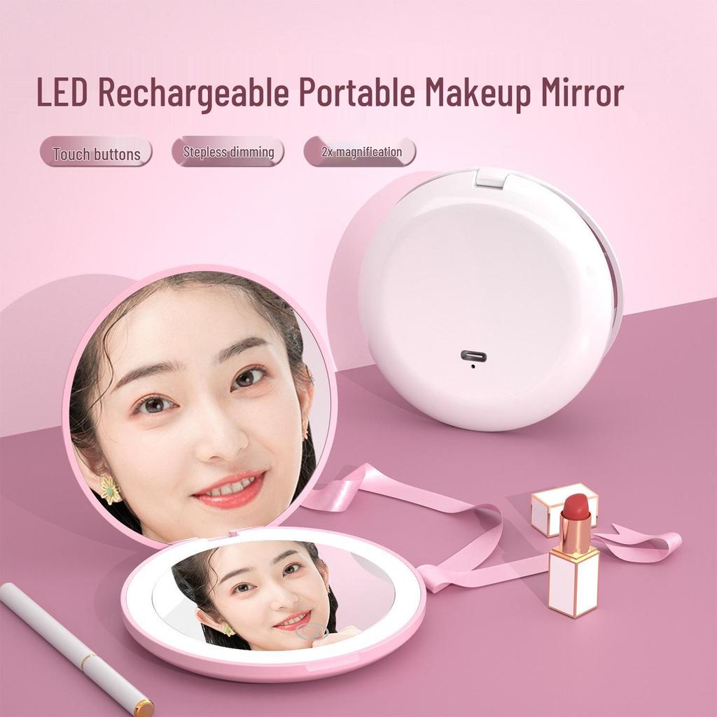Portable Rechargeable LED Makeup Mirror with Stepless Dimming, Double-Sided Folding Design, Ideal for Travel