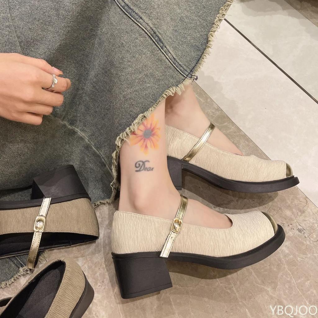 Summer Retro Low Heel Mary Janes Women Shoes Fashion Buckle Thick Heels Pumps Woman Round Toe Party Dress Shoes2024