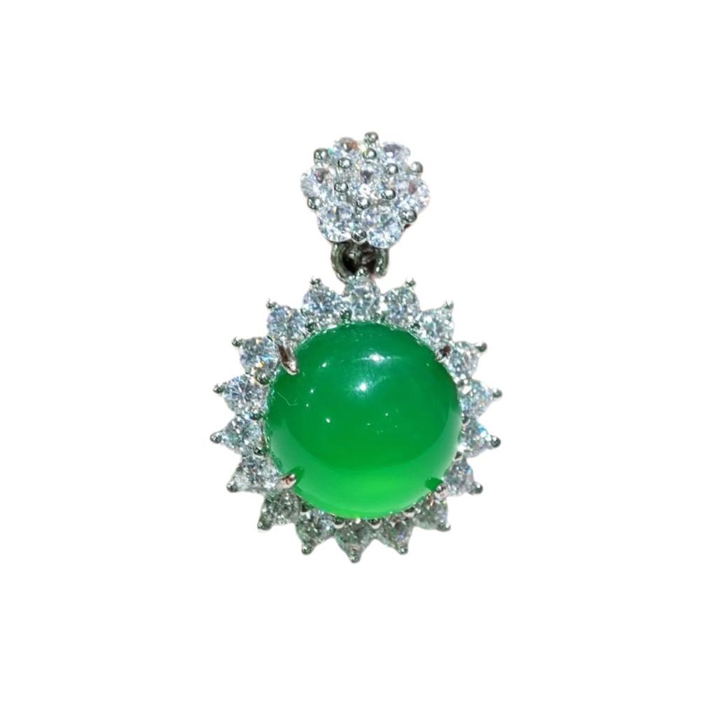 Natural Green Agate Round Pendant Sweater Chain Gold Inlaid Buddha Gong Long Brand Eight Treasures Lotus Chalcedony Hanging