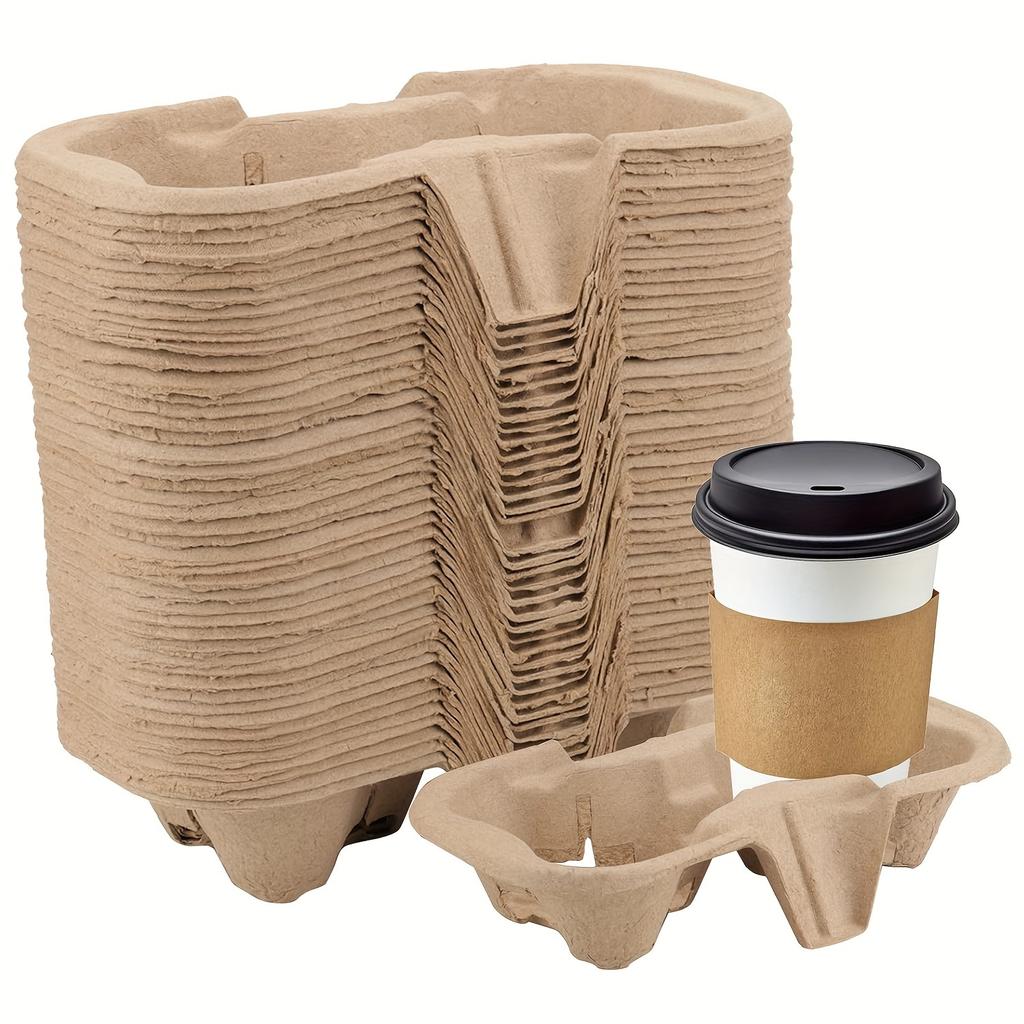 50 Pcs 2 Cups Pulp Fiber Drink Holder, Portable Coffee Cup Holder, Disposable Drink Tray for Coffee Shop, Restaurant, Grocery Store, Juice Bar
