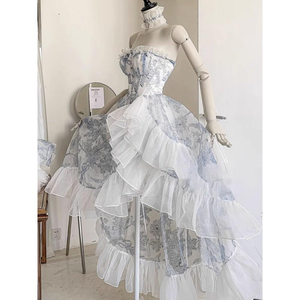 Синее платье-труба с цветочным принтом для женщин, летнее винтажное длинное платье принцессы