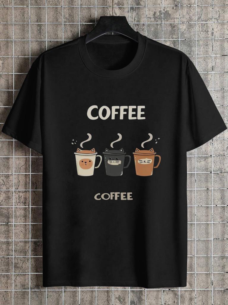 1pc Casual Coffee Cat Face Graphic T-shirt - 180g Cotton Crew Neck Short Sleeve Tee with Latte Cappuccino Mocha Print