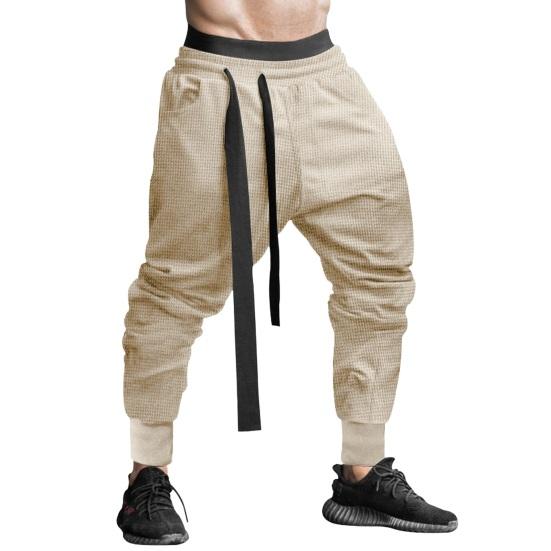 Spring Fall Men Harem Pants Loose Drawstring Elastic Waist Pockets Ankle-banded Solid Color Sport