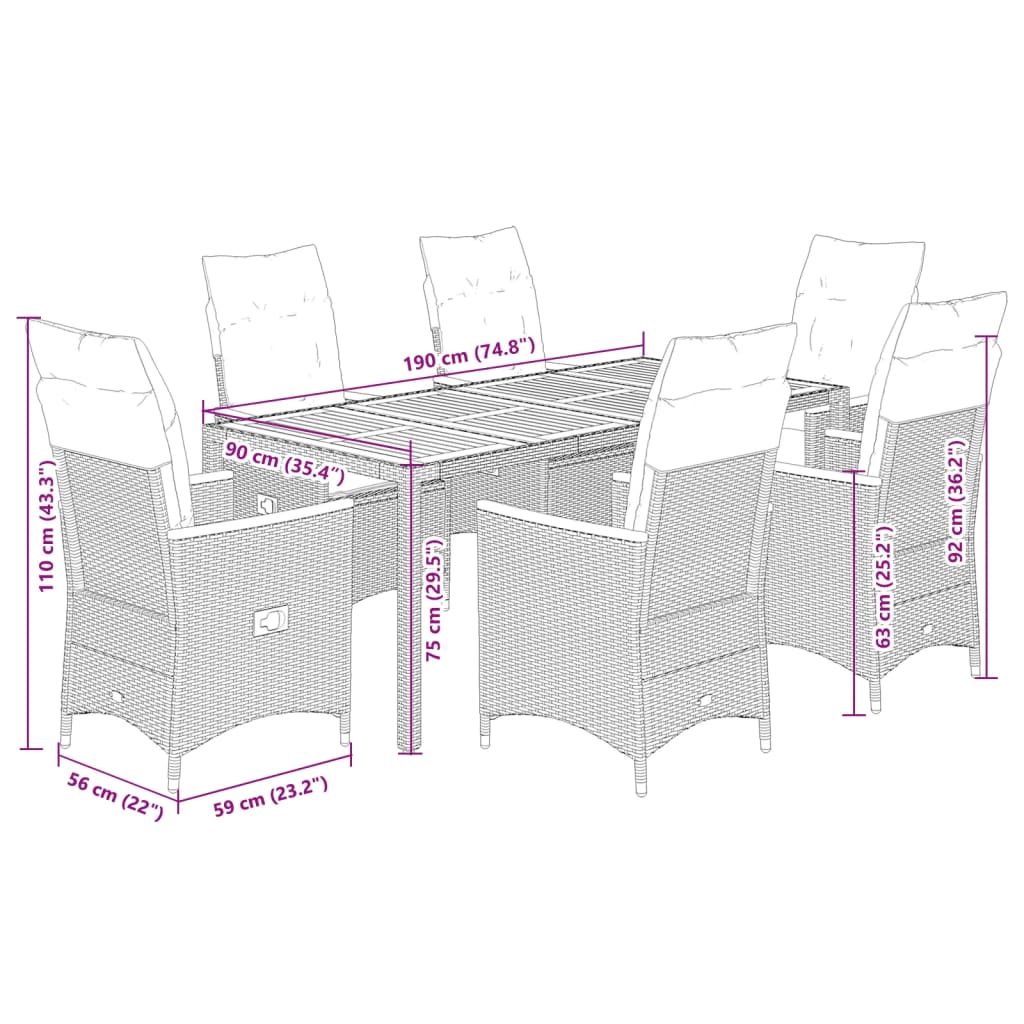7 Piece Outdoor Dining Set with Cushions Grey Poly Rattan
