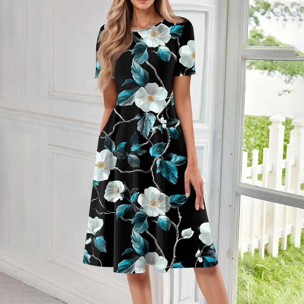 Women's Fashionable Print Round Neck Loose Short Sleeved Pocket Pullover Dress