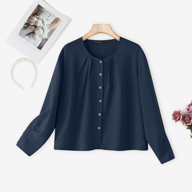 ZANZEA Женская повседневная блузка с круглым вырезом, однотонная, с длинным рукавом, свободного кроя