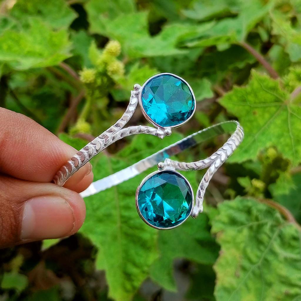 Faceted Glass Gemstone 925 Sterling Silver Plated Adjustable Unisex Cuff Bangle/Bracelet Jewelry