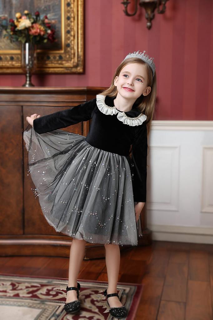 Weileenice Концертное фортепиано Размер Длинный рукав Черное Принцесса Траур Идеально для поминок и других Платье, 140, Серый, Осень/Зима, Наряд для девочек, Платье,