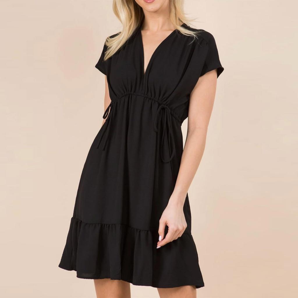 Women's Dresses Short Sleeve V Neck Drawstring Casual Ruffled A Line Babydoll Dress