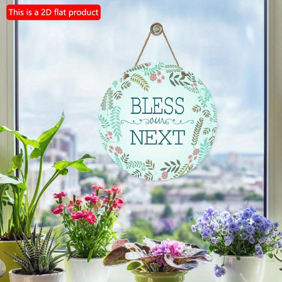 2D Flat 20*20cm1pc Bless Next Fresh Floral Wreath Round Wooden Door Signs for Home, Turquoise Color Garland Theme Home Spring&Summer Decorative Wall