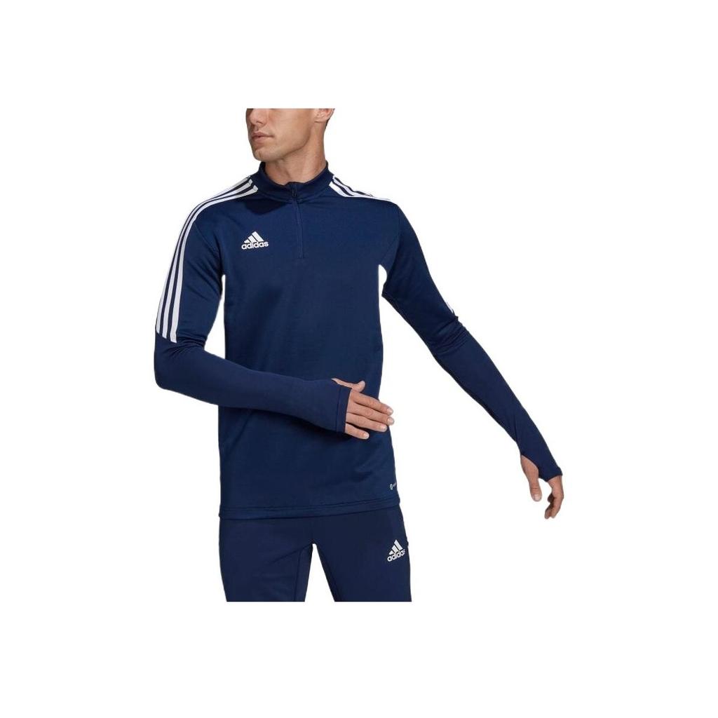 Adidas Logo Print Striped Trim Half-Zip Training Long Sleeve T-Shirt Men Tops Navy-Blue HA6270