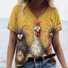 Летняя Новая Женская Футболка Забавный Животный Цыпленок 3D Принт Модная V-образный вырез Короткий рукав Оверсайз Топ Футболка Одежда