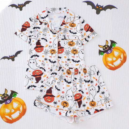 Комплект женской пижамы на Хэллоуин с принтом призрака и тыквы, рубашки с коротким рукавом на пуговицах и шорты, комплект одежды для сна из 2 предметов, домашняя одежда, короткий комплект пижамы