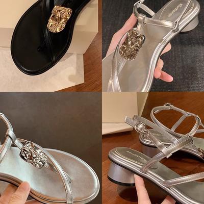 Сандалии на толстом каблуке с тонким ремешком в стиле отпуска, с металлической пряжкой на носке, женские, новинка лета