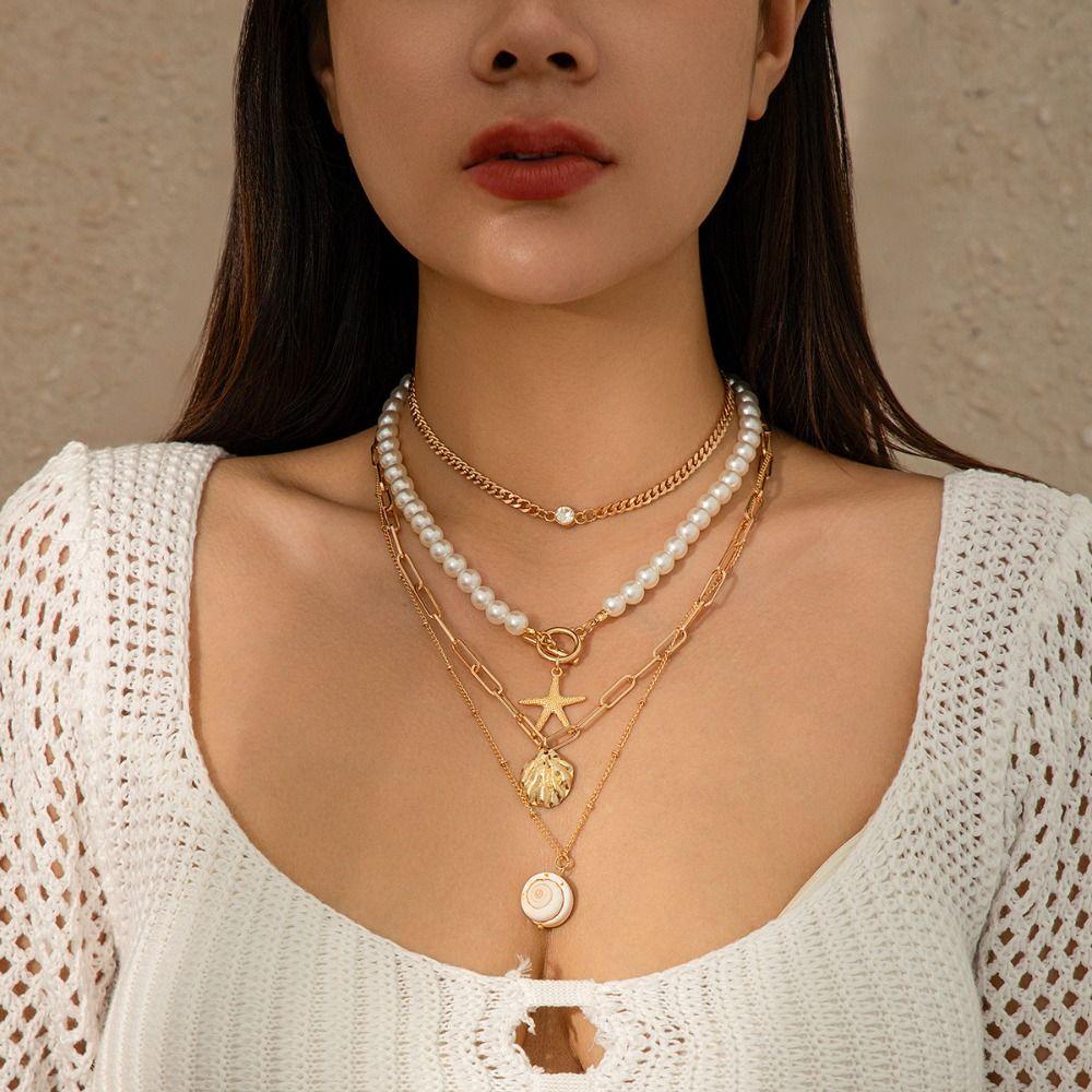 Bohemian Style Conch Clavicle Chain Pearl Starfish Choker Fashion Shell Multilayer Necklace Girls