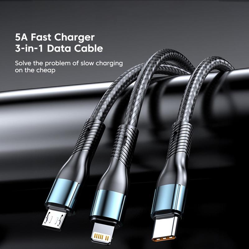 120W 1.2M 3 In 1 USB Fast Charging Cable Type C Lightning Micro USB Cable Data Cord For Iphone 16 15 Realme Samsung Huawei Phone USB Charging Cable