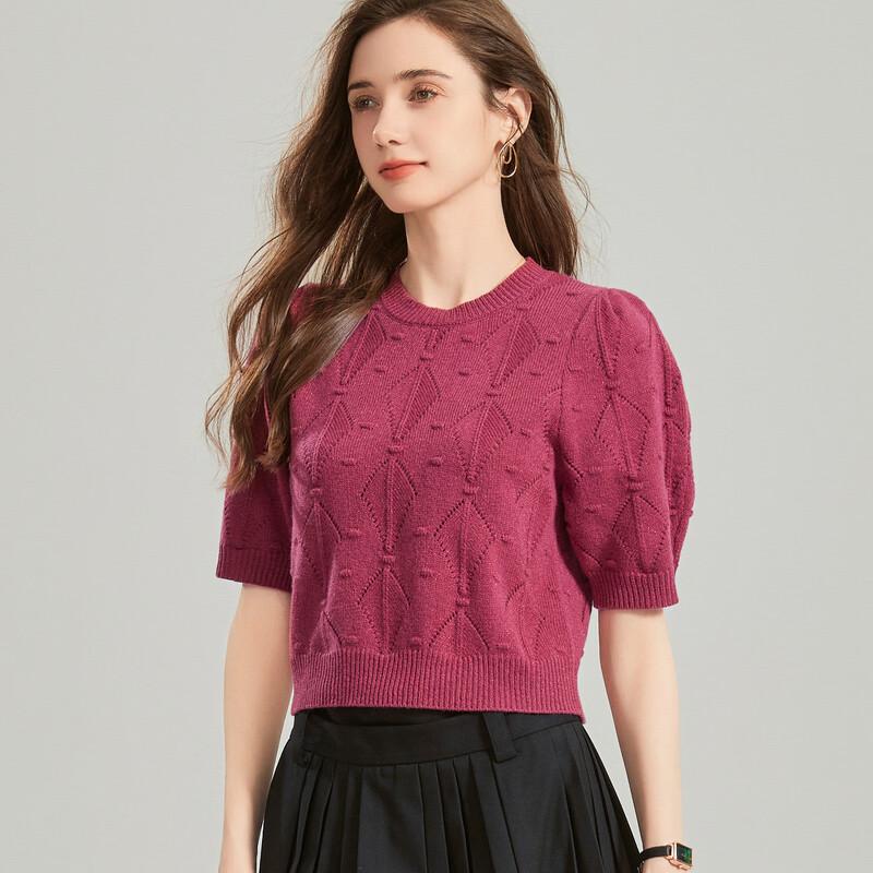 Snowforte Women's Wool-Blend Diamond Pattern Puff Sleeve Knit Top