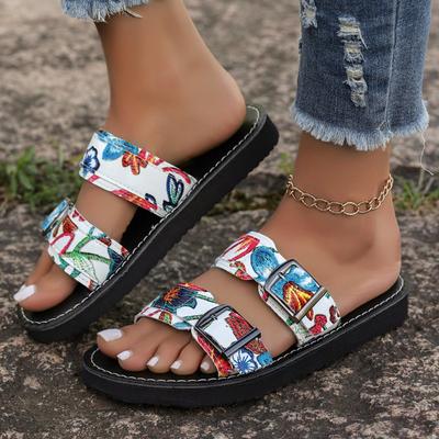 2024 Новые летние однотонные универсальные женские тапочки с принтом, открытый носок, женская обувь с круглым носком, плоская подошва, украшение в виде пряжки