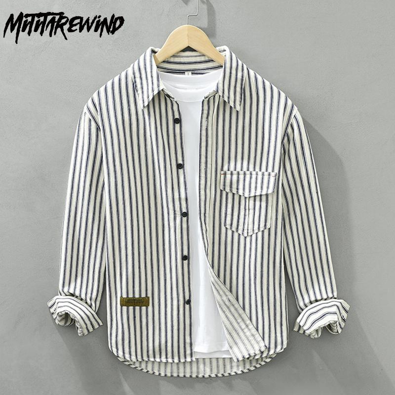 Рубашка в полоску с длинным рукавом в японском стиле в стиле ретро для мужчин, молодежная, 100% хлопок, повседневные свободные рубашки с карманом, мужская одежда на весну/осень