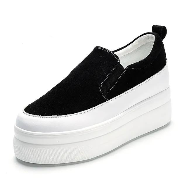Модные женские туфли из натуральной кожи на платформе, танкетке, кроссовки на толстой подошве, слипоны, черные женские повседневные туфли слипоны, весна-осень