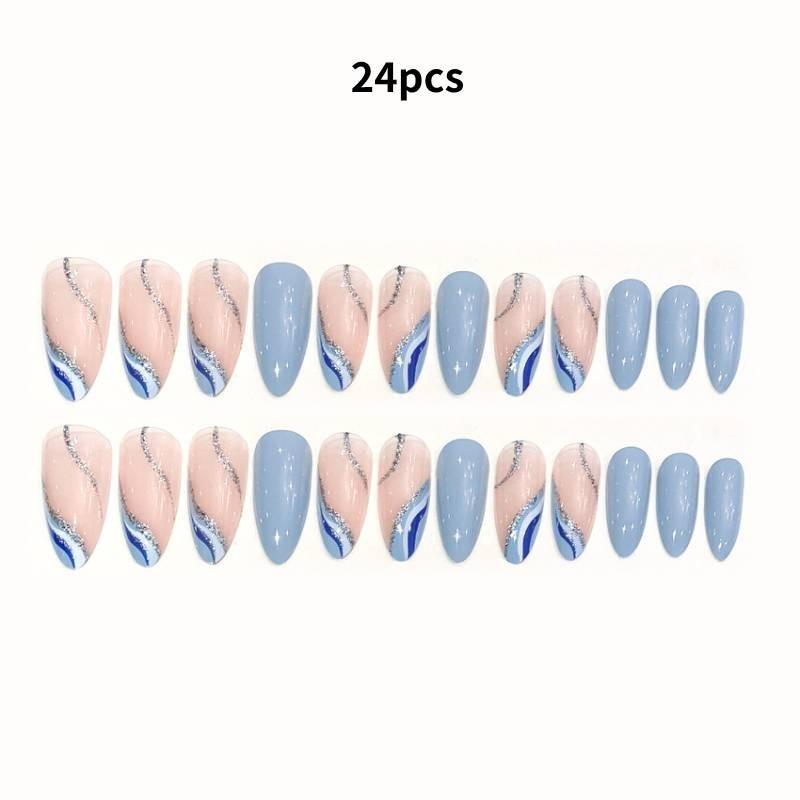 Элегантный миндалевидный рифленый океанский синий белый пэчворк французский стиль весна/лето свежий чистый носибельный нейл-арт W12