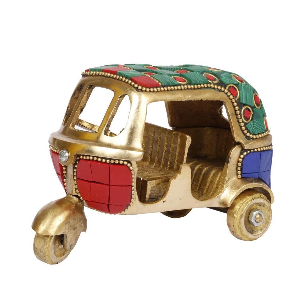 Brass Auto Rickshaw Multicolor Gemstone Handwork Statue Home Decor Fantasy Showpiece Gift.,7.6 X 6.4 Cm