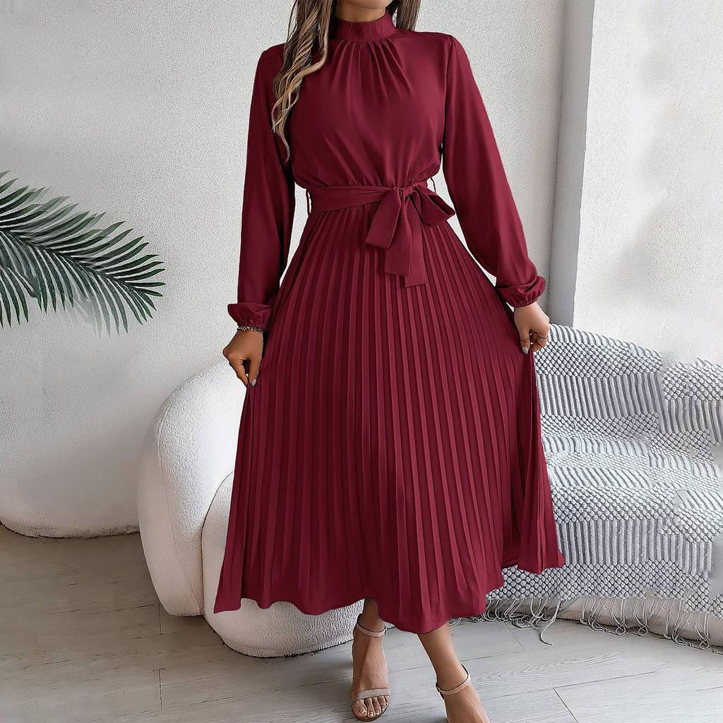 Women's Fashion Retro Solid Color Long Sleeve Waist Pleated Skirt Stand Collar Pullover Dress