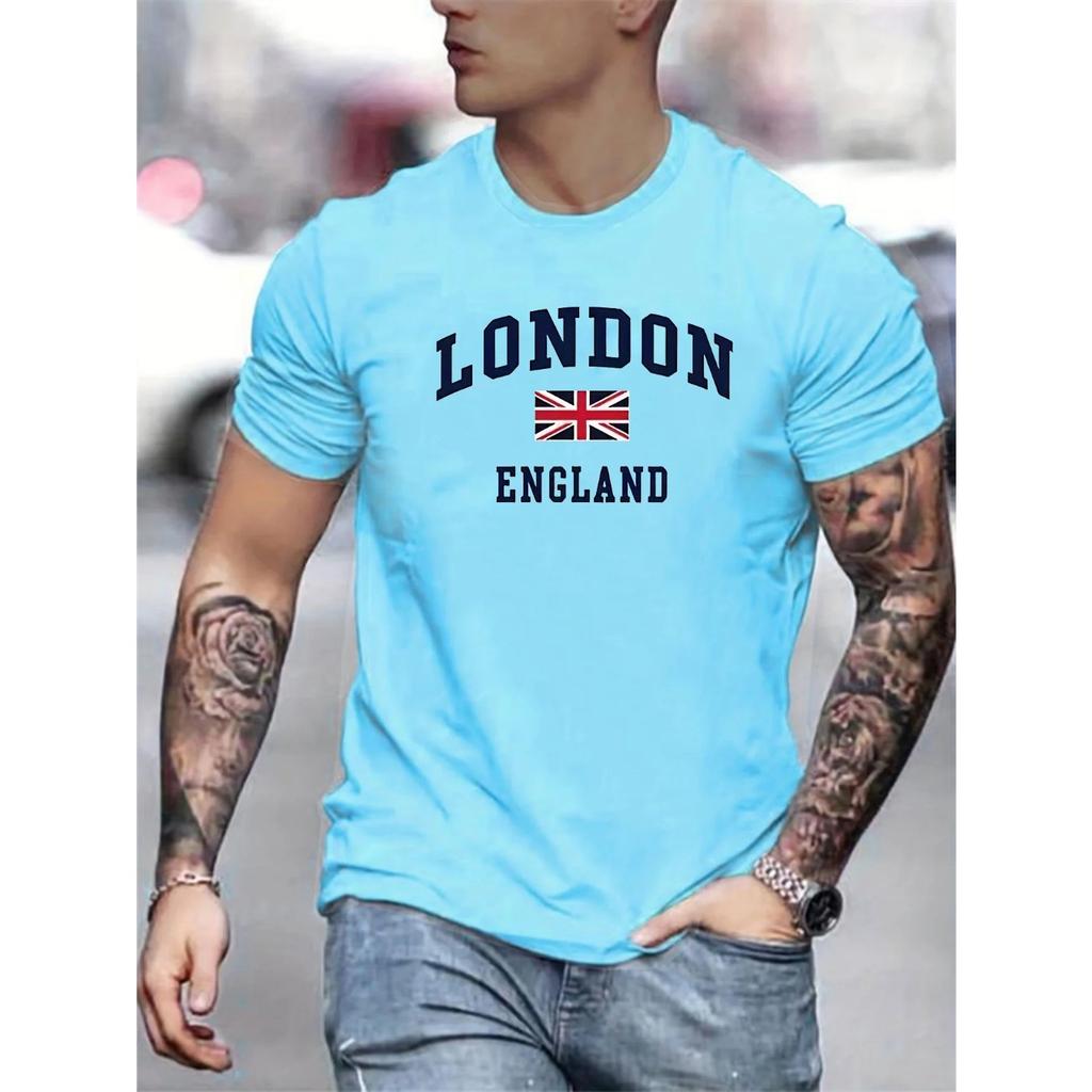 Summer Men's 100% Pure Cotton Casual Loose Fit Plus Size London England Pattern Printed Round Neck Short Sleeved T-shirts