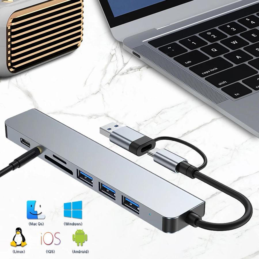 8-in-2 USB 3.0 HUB USB C HUB 4K HDMI Adapter with RJ45 SD/TF High Speed Transmission Splitter TYPE-C HUB For MacBook Computer